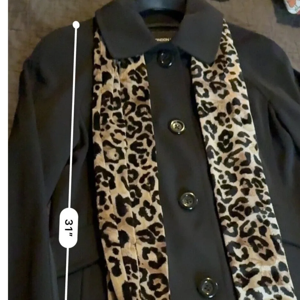 London Fog‎ Womens Black Trench Coat Detachable Leopard Scarf Small 31in Length